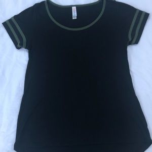 LuLaRoe Classic tee, green and black in color, striped pattern on sleeves.